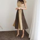 Set: Short-sleeve Knit Top + Color-block A-line Skirt