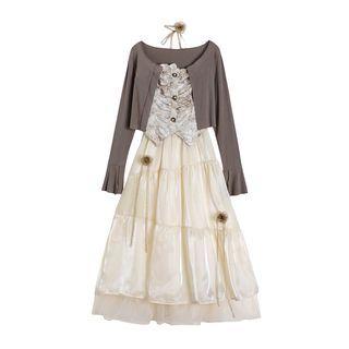 Plain Cardigan / Spaghetti Strap Mock Two-piece Midi A-line Dress