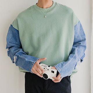 Ripped Denim Paneled Sweatshirt