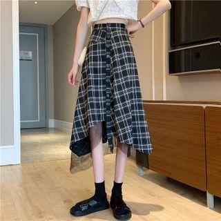 High-waist Asymmetrical Plaid Button-up Midi Skirt