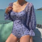 3/4-sleeve Heart Print Swimsuit