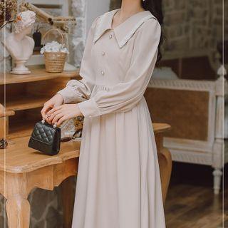 Lace Trim Collared Beaded Tie-waist Midi Dress
