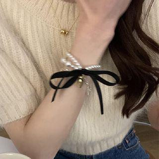 Ribbon Faux Pearl Hair Tie 1pc - Gold & Black & White - One Size