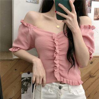 Short-sleeve Off-shoulder Frill Trim Knit Top