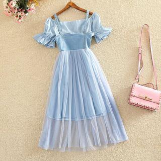 Denim Panel Short-sleeve Mesh Midi Dress