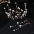 Set: Wedding Faux Pearl Tiara + Fringed Earring 1 Piece - Tiara & 1 Pair - Clip On Earrings - White & Gold - One Size