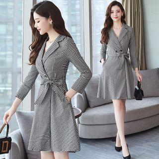 Notch Lapel Plaid 3/4-sleeve A-line Dress