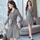Notch Lapel Plaid 3/4-sleeve A-line Dress