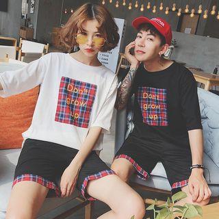 Couple Matching Crew-neck Short-sleeve T-shirt / Plaid Panel Shorts