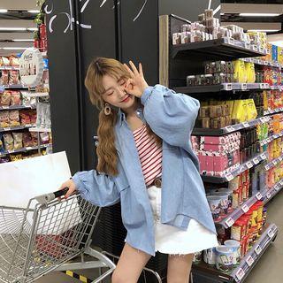 Lantern-sleeve Denim Shirt Denim Blue - One Size