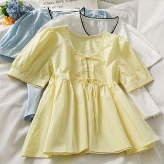 Ribbon-front Plain Peplum Blouse