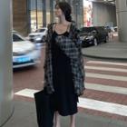Plaid Oversize Long Shirt / Plain Spaghetti Strap Midi Knit Dress