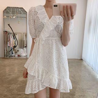 Short-sleeve Ruffle Trim Tie-waist Crochet Wrapped Dress