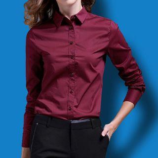 Set : Plain Long-sleeve Blouse + Capri Pants