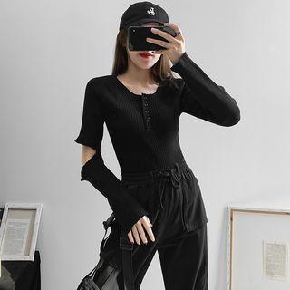 Cutout-elbow Knit Henley Top Black - One Size