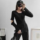 Cutout-elbow Knit Henley Top Black - One Size