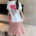 Flower Print T-shirt / Shirred Midi A-line Skirt