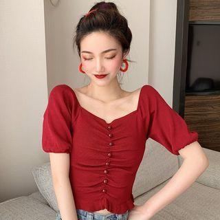 Balloon-sleeve Shirred T-shirt