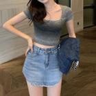 Short-sleeve Gradient Cropped Knit Top