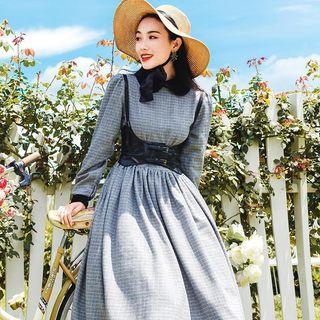 Long-sleeve Check Midi A-line Collared Dress / Spaghetti Strap Buckled Top / Set