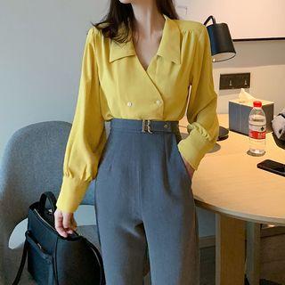 V-neck Chiffon Blouse / High Waist Straight-cut Pants