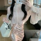 Mock-neck Rhinestone Mesh Blouse / Camisole Top / Sequined Pencil Skirt / Set