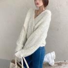 Lantern-sleeve V-neck Wrap Sweater Almond - One Size
