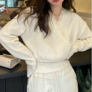 V-neck Lace Trim Sweater Almond - One Size