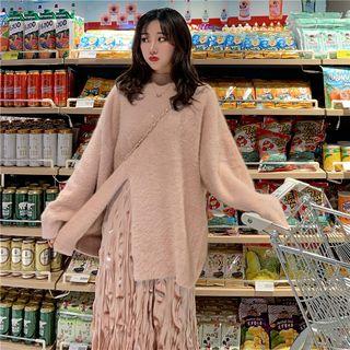 Mock Turtleneck Sweater / Midi Ruched Velvet Skirt