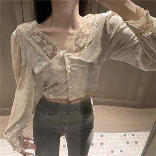 Long-sleeve Lace-trim Crop Velvet Top