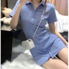 Short-sleeve Mini Sheath Shirt Dress Blue - One Size