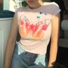 Butterfly Printed Short Sleeve Cropped Top