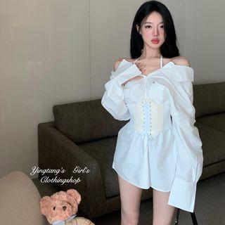 Cold-shoulder Shirt / Lace-up Corset Belt
