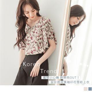 Ruffle Sleeve Floral V-neck Chiffon Top