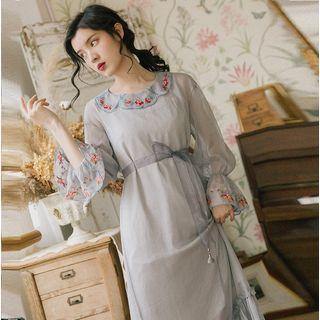 Set: Embroidered Long-sleeve Maxi Dress + Slipdress