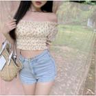 Off-shoulder Lace Trim Floral Cropped Blouse / Denim Hot Pants