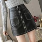 Contrast Stitching Faux Leather Mini A-line Skirt