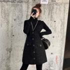 Long-sleeve Turtle-neck Knit Top / Tweed Pinafore Dress / Set