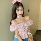 Puff-sleeve Off-shoulder Plaid Crop Top / Fitted Denim Mini Skirt