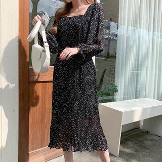 Square-neck Pleated Polka-dot Dress Black - One Size