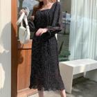 Square-neck Pleated Polka-dot Dress Black - One Size