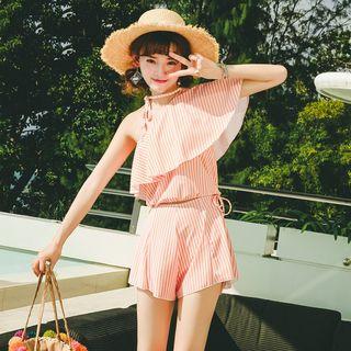 Set : Pinstripe Frilled Bikini + Cover-up