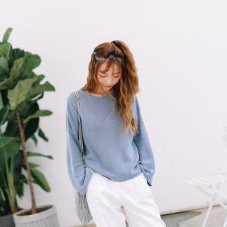 Crew-neck Long-sleeve Knit Top Ash Blue - One Size