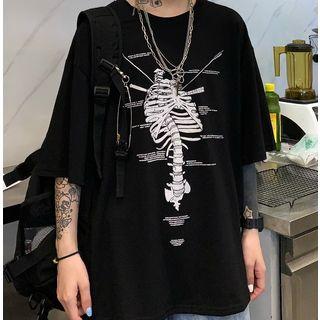 Skeleton Print Elbow-sleeve T-shirt