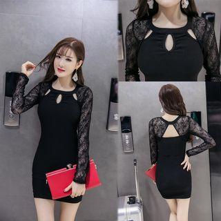 Long-sleeve Lace Panel Cut Out Mini Bodycon Dress