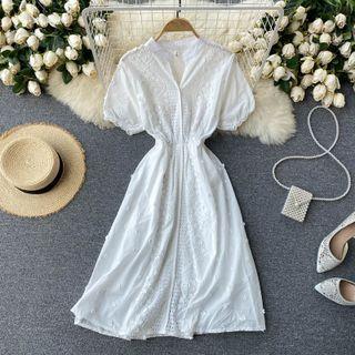 Small Flower-accent Puff-sleeve Cutout Dress
