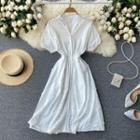Small Flower-accent Puff-sleeve Cutout Dress