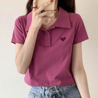 Short-sleeve Collar Heart Embroiderd T-shirt