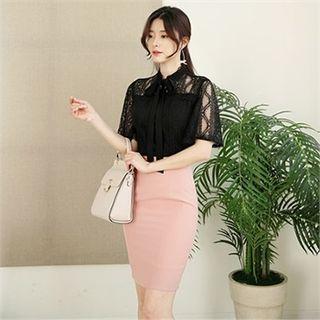 Tie-neck Elbow-sleeve Sheer Lace Blouse