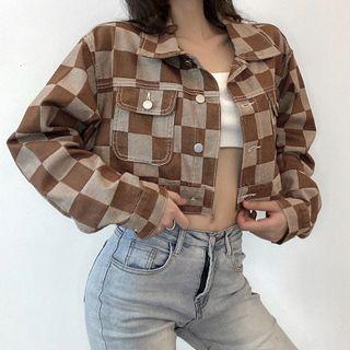 Long Sleeve Plaid Crop Denim Jacket